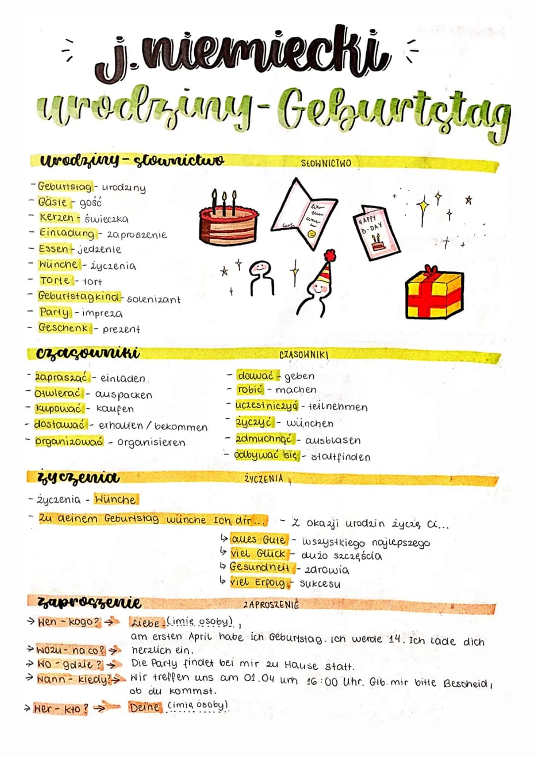 j.niemiecki
urodziny-Geburtstag
=
urodziny-stounictwo
- Geburtstag- urodziny
- Gäste-gość
- Kerzen - świeczka
Einladung zaproszenie
Essen-je