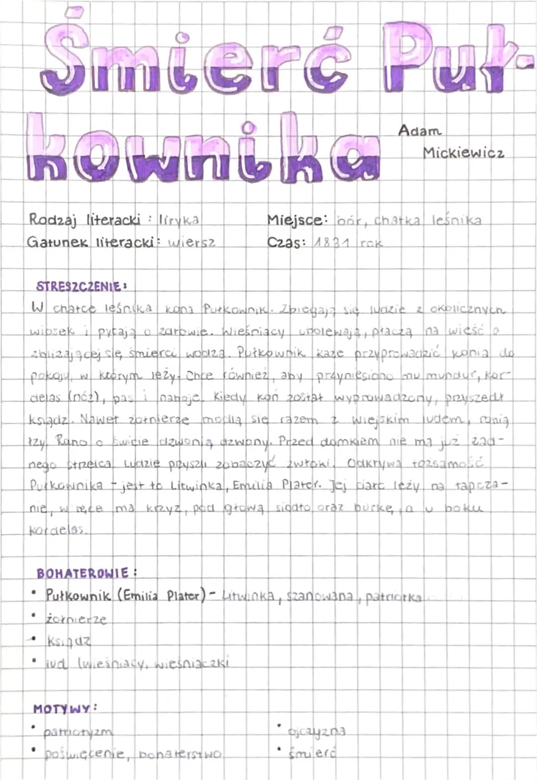 Smteré Puy-
kownina
Rodzaj literacki: liryka
Gatunek literacki: wiersz
●
STRESZCZENIE
W chatce leśnika kona Pułkownik. Zbiegają się ludzie z