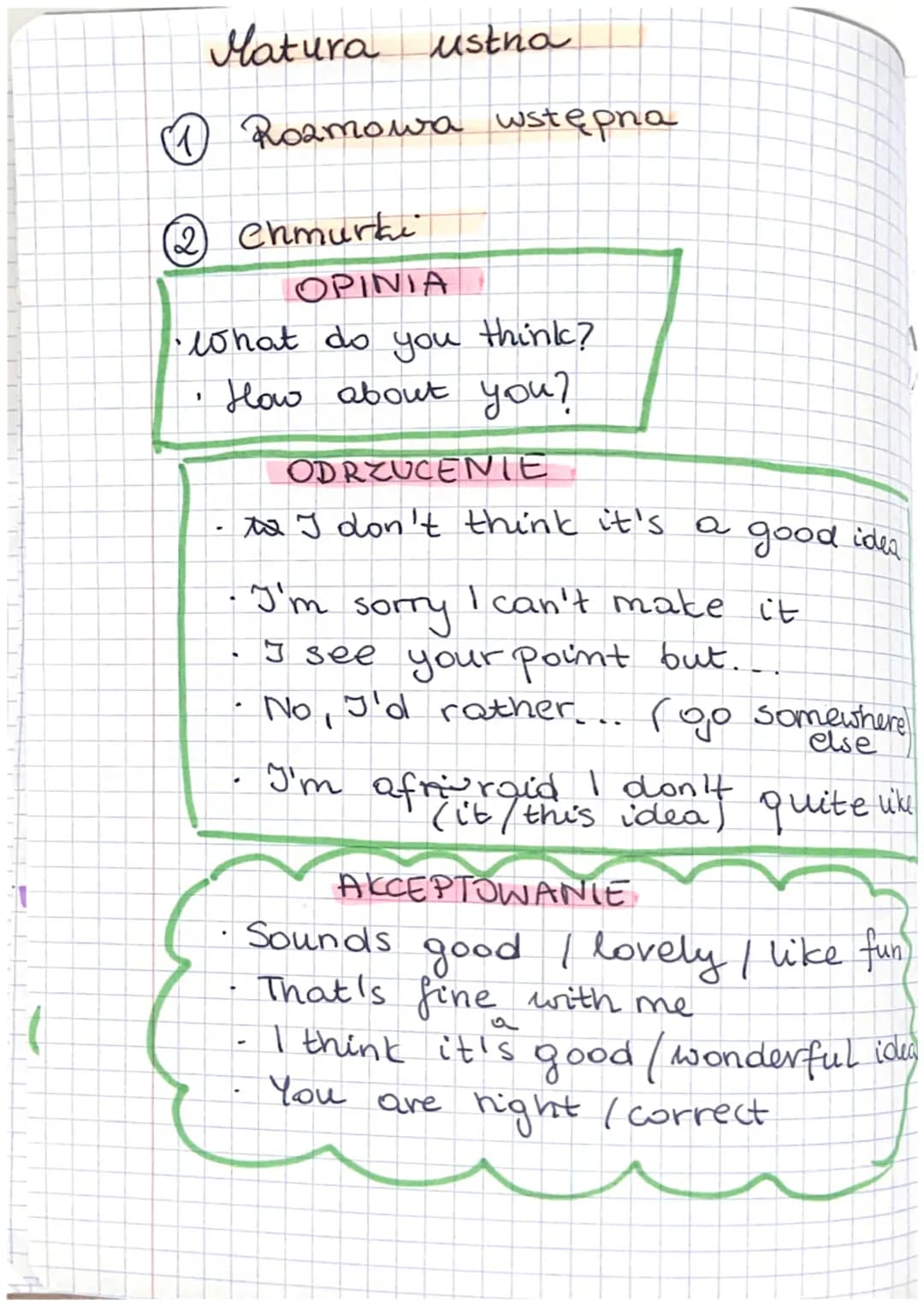 Ft
Matura ustna
1 Rozmowa wstępna
(2) Chmurki
OPINIA
•What do you think?
How about you?
1
ODRZUCENIE
to I don't think it's a good idea
I can