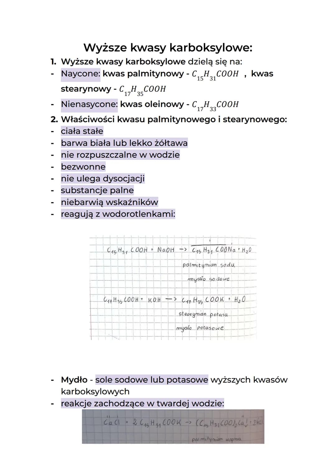 Wyższe kwasy karboksylowe:
1. Wyższe kwasy karboksylowe dzielą się na:
Naycone: kwas palmitynowy - C₁5H 31
stearynowy - C₁7H 35 COOH
-
_H_CO