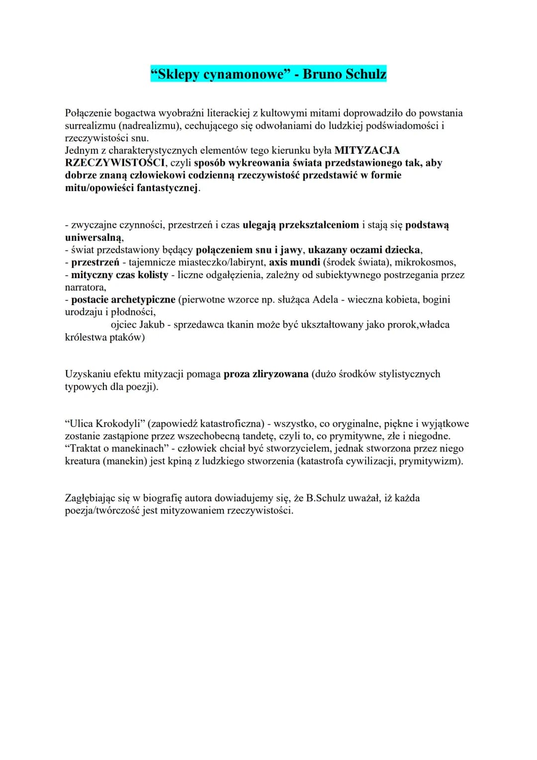 "Sklepy cynamonowe" - Bruno Schulz
Połączenie bogactwa wyobraźni literackiej z kultowymi mitami doprowadziło do powstania
surrealizmu (nadre