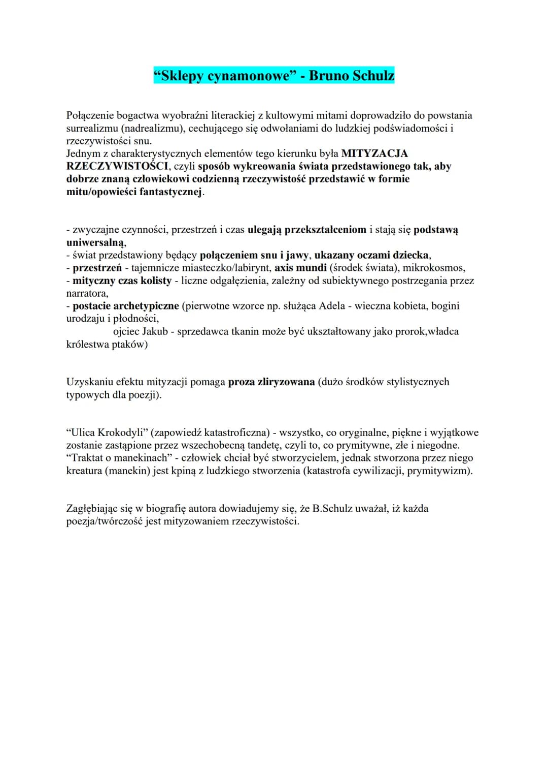 "Sklepy cynamonowe" - Bruno Schulz
Połączenie bogactwa wyobraźni literackiej z kultowymi mitami doprowadziło do powstania
surrealizmu (nadre