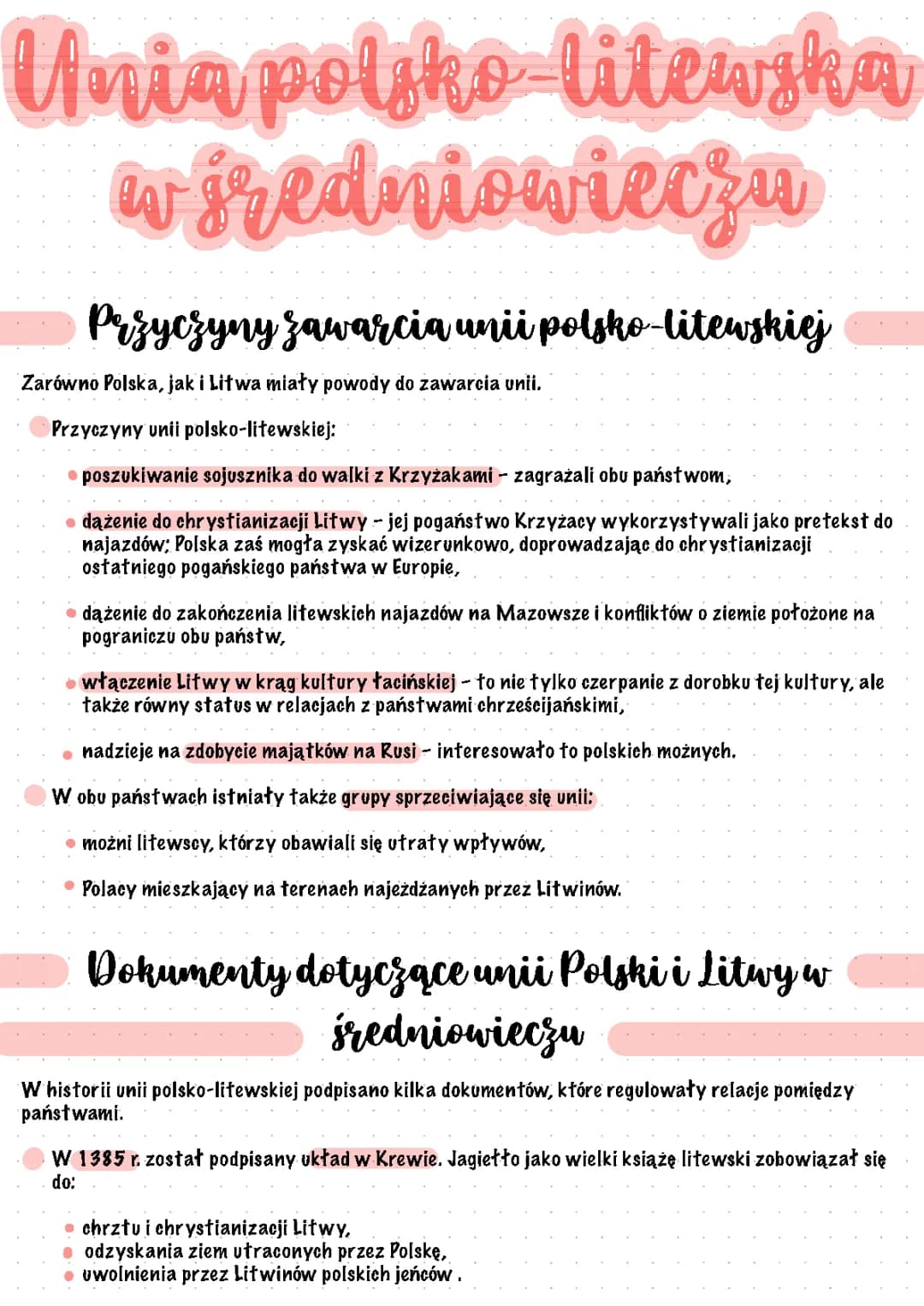 Przyczyny i skutki zawarcia unii polsko-litewskiej w 1385 i 1569