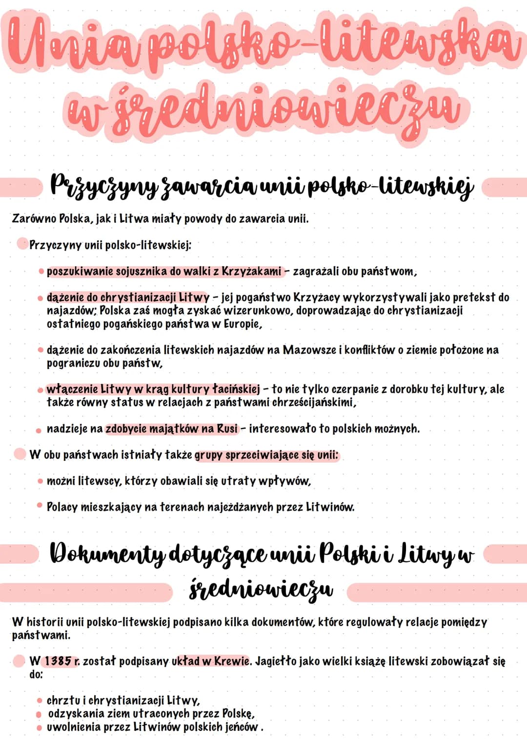 Unia polsko-litewska
wśredniowieczu
Przyczyny zawarcia unii polsko-litewskiej
Zarówno Polska, jak i Litwa miały powody do zawarcia unii.
Prz