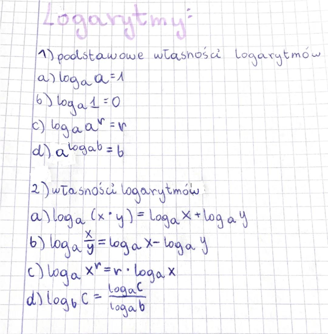 Logarytmy

1) podstawowe własności logarytmów
a) loga a=1
6) loga 1 = 0
c) loga ar=r
d) a logab = b

2) własności logarytmów.
a) loga (xy) =