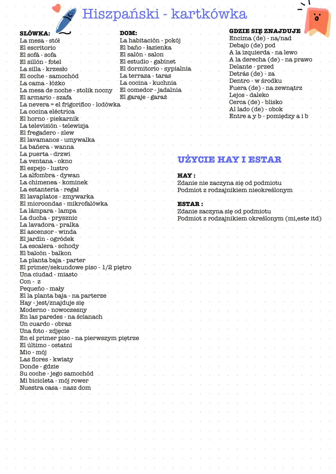 Hiszpański - kartkówka

SŁÓWKA:
La mesa stół
El escritorio
El sofá sofa
El sillón fotel
La silla krzesło
El coche samochód
La cama łóżko
La 