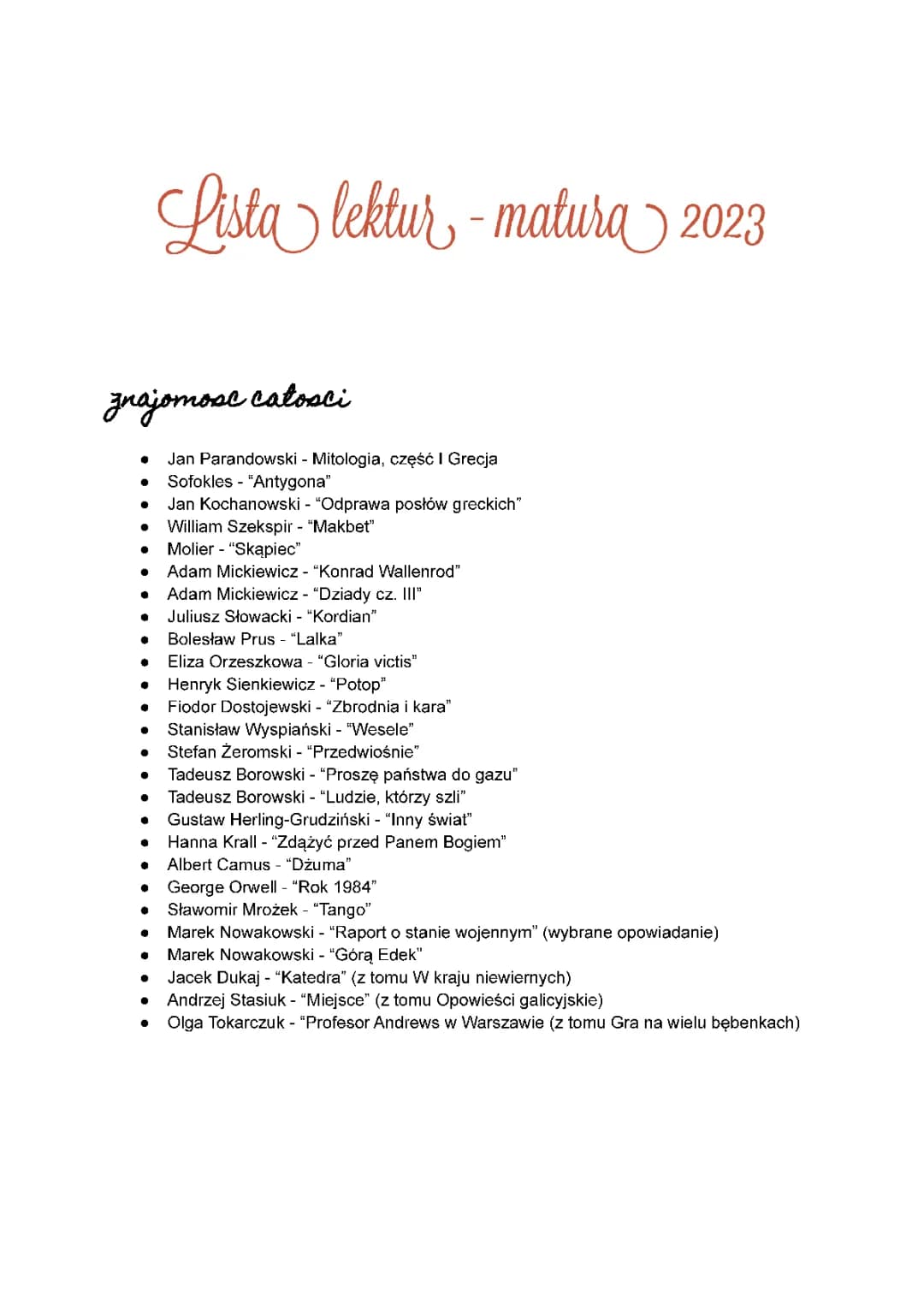 Lista Lektur - Matura 2024 i 2025