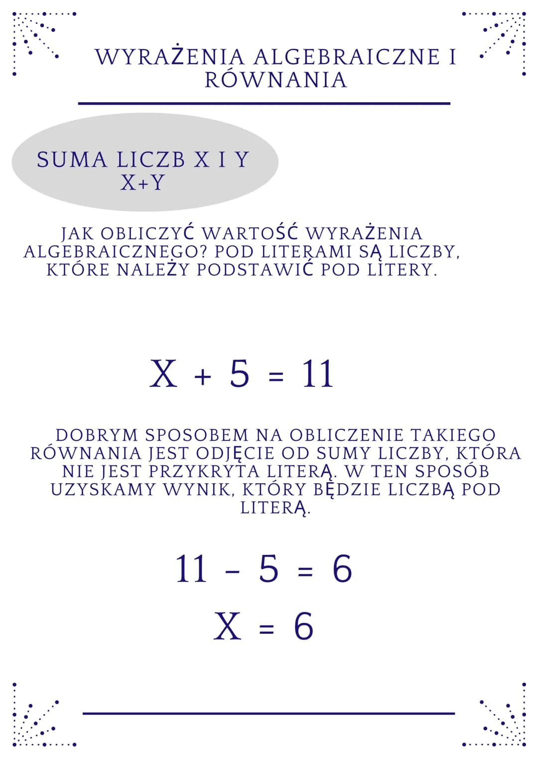 WYRAŻENIA ALGEBRAICZNE I
RÓWNANIA
SUMA LICZB X I Y
X+Y
JAK OBLICZYĆ WARTOŚĆ WYRAŻENIA
ALGEBRAICZNEGO? POD LITERAMI SĄ LICZBY,
KTÓRE NALEŻY P
