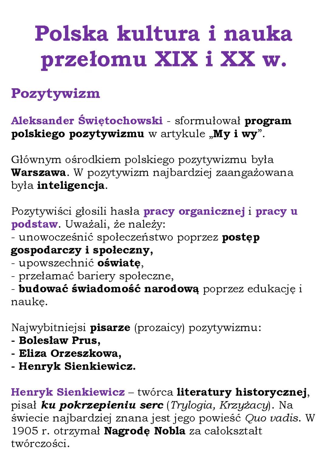 Polska kultura i nauka przełomu 19 i 20 wieku - Notatka i prezentacja