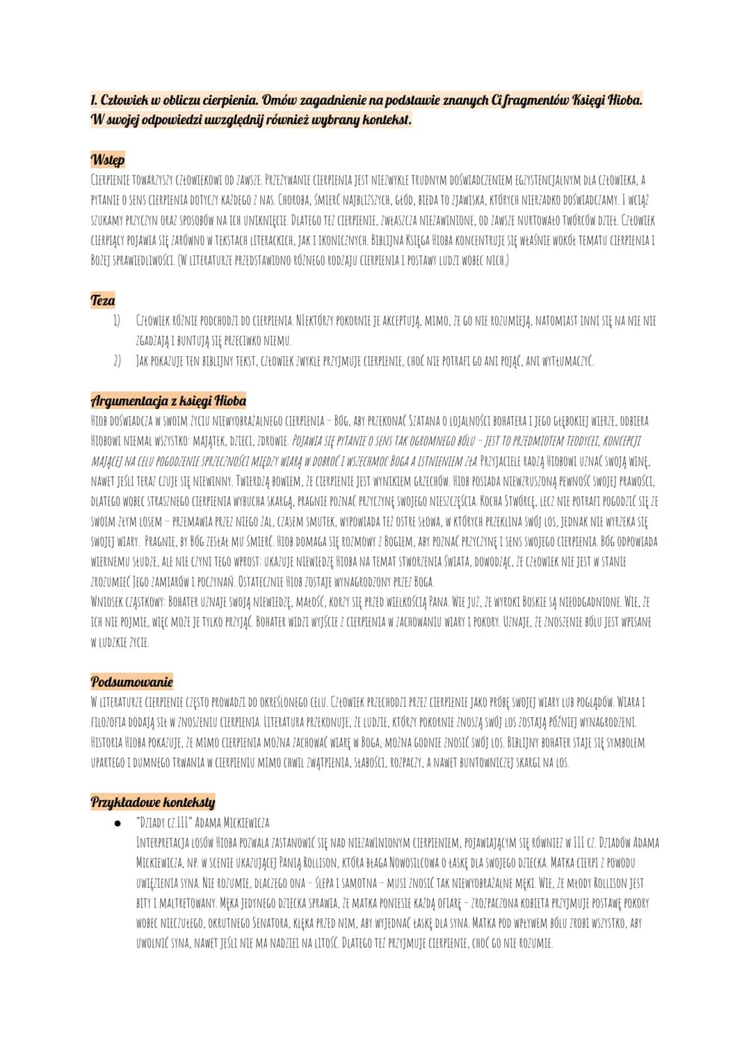 1. Człowiek w obliczu cierpienia. Omów zagadnienie na podstawie znanych Ci fragmentów Księgi Hioba.
W swojej odpowiedzi uwzględnij również w