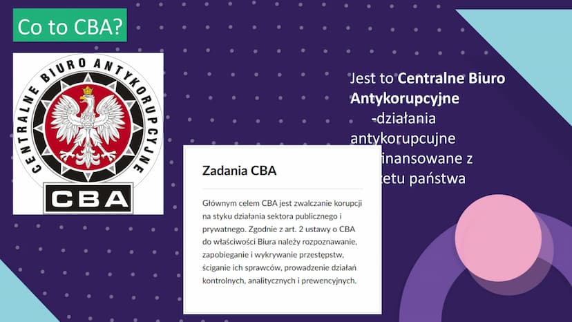 
<p>Centralne Biuro Antykorupcyjne (CBA) jest instytucją państwową zajmującą się działaniami antykorupcyjnymi. Jest to agencja współfinansow