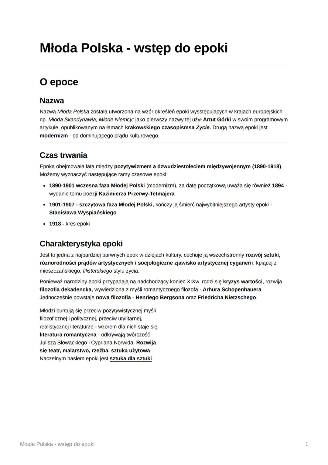 Młoda Polska - wstęp do epoki
O epoce
Nazwa
Nazwa Młoda Polska została utworzona na wzór określeń epoki wysstępujących w krajach europejskic