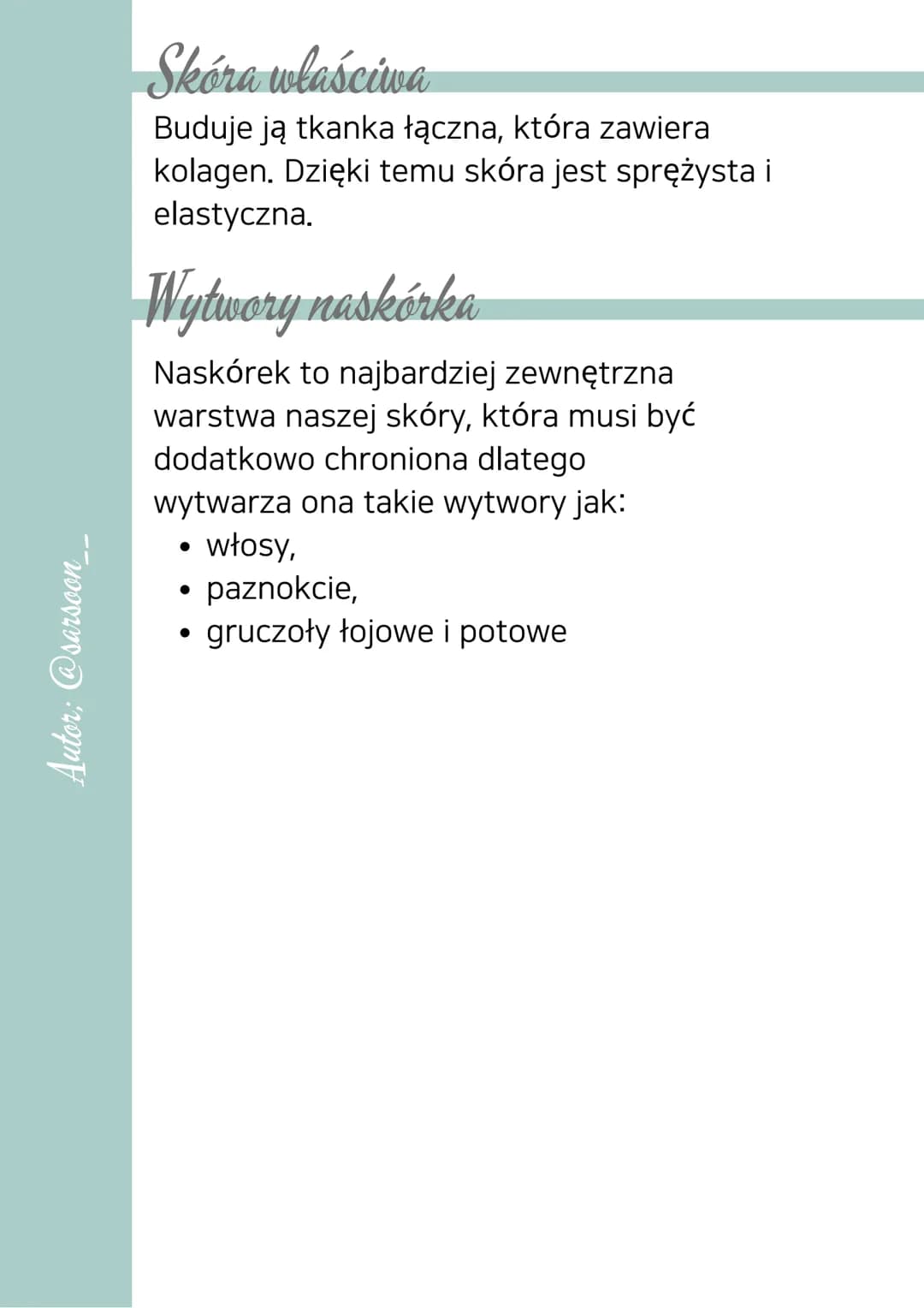 Autor: @sarsoon_
Budowa i funkcje skóry
Funkcje
• wydalanie,
• termoregulacja,
• ochronna,
• synteza,
• odbieranie bodźców z
otoczenia
Budow