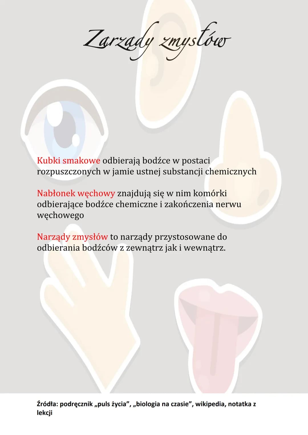 Zarządy zmysłów
Narządy zmysłów zbudowane są z odpowiedniego
receptora, znajdującego się na obwodzie ciała i wrażliwego
na określony rodzaj 