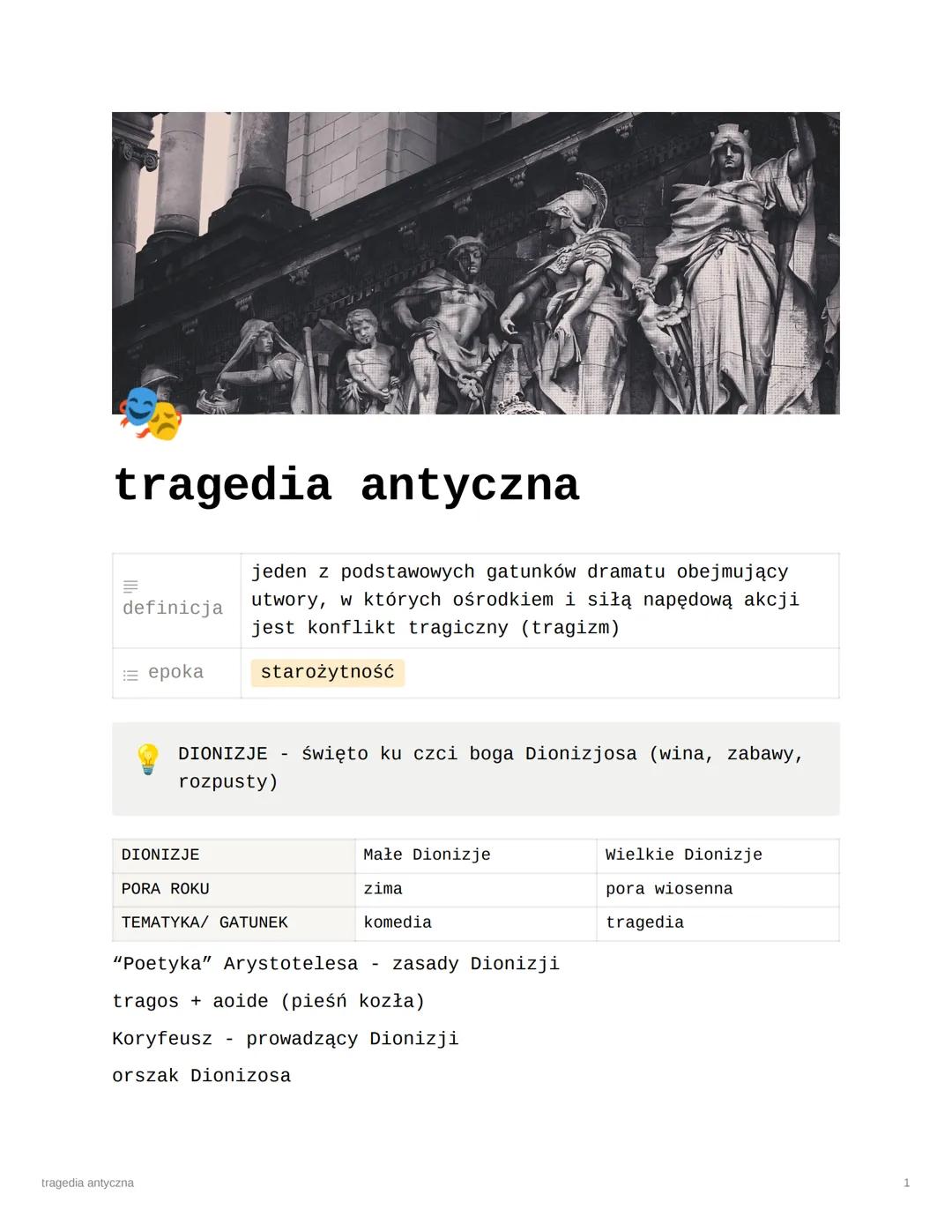 tragedia antyczna
definicja
epoka
DIONIZJE
PORA ROKU
jeden z podstawowych gatunków dramatu obejmujący
utwory, w których ośrodkiem i siłą nap
