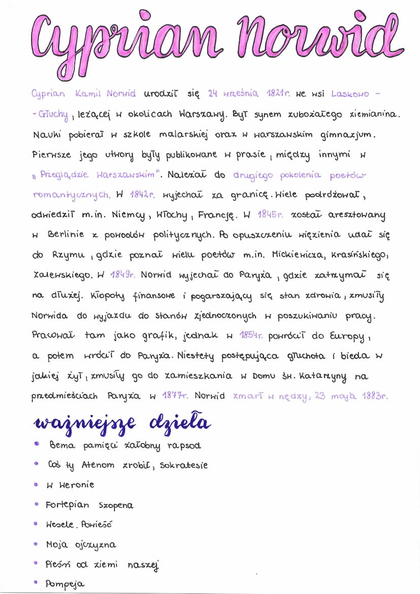 Cyprian Norwid
Cyprian Kamil Norwid urodził się 24 września 1821 r. we wsi Laskowo
- Głuchy, leżącej w okolicach Warszawy. Byt synem zubożał