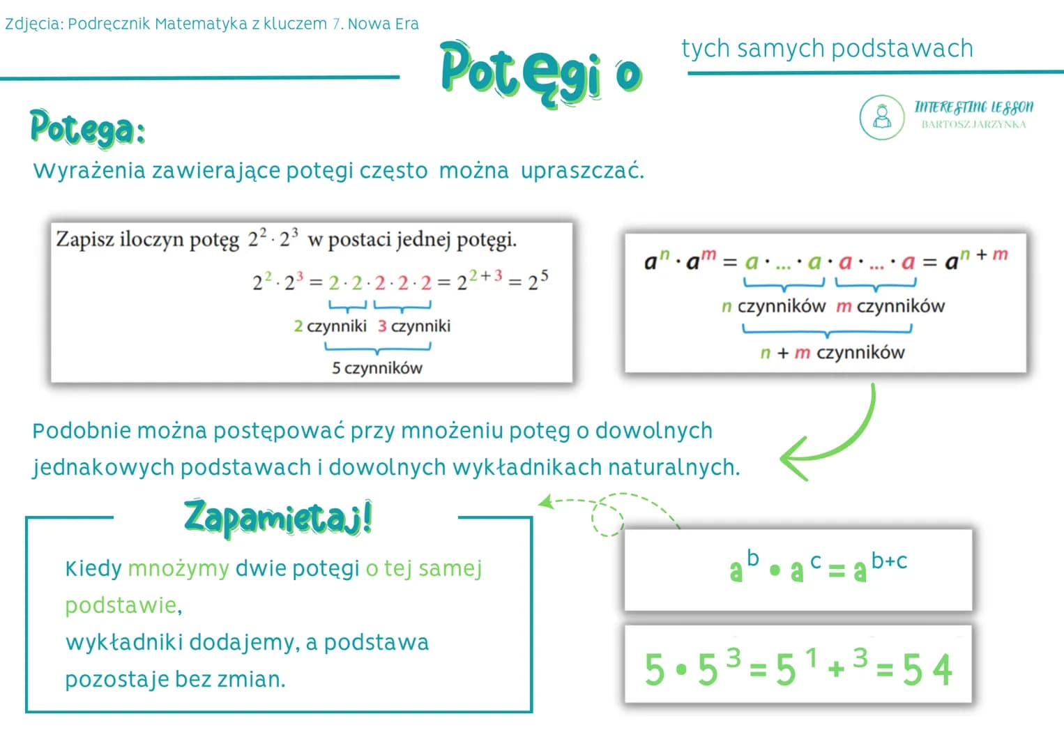 Zdjęcia: Podręcznik Matematyka z kluczem 7. Nowa Era
Potęgi o
Potega:
Wyrażenia zawierające potęgi często można upraszczać.
Zapisz iloczyn p