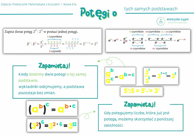Zdjęcia: Podręcznik Matematyka z kluczem 7. Nowa Era
Potęgi o
Potega:
Wyrażenia zawierające potęgi często można upraszczać.
Zapisz iloczyn p