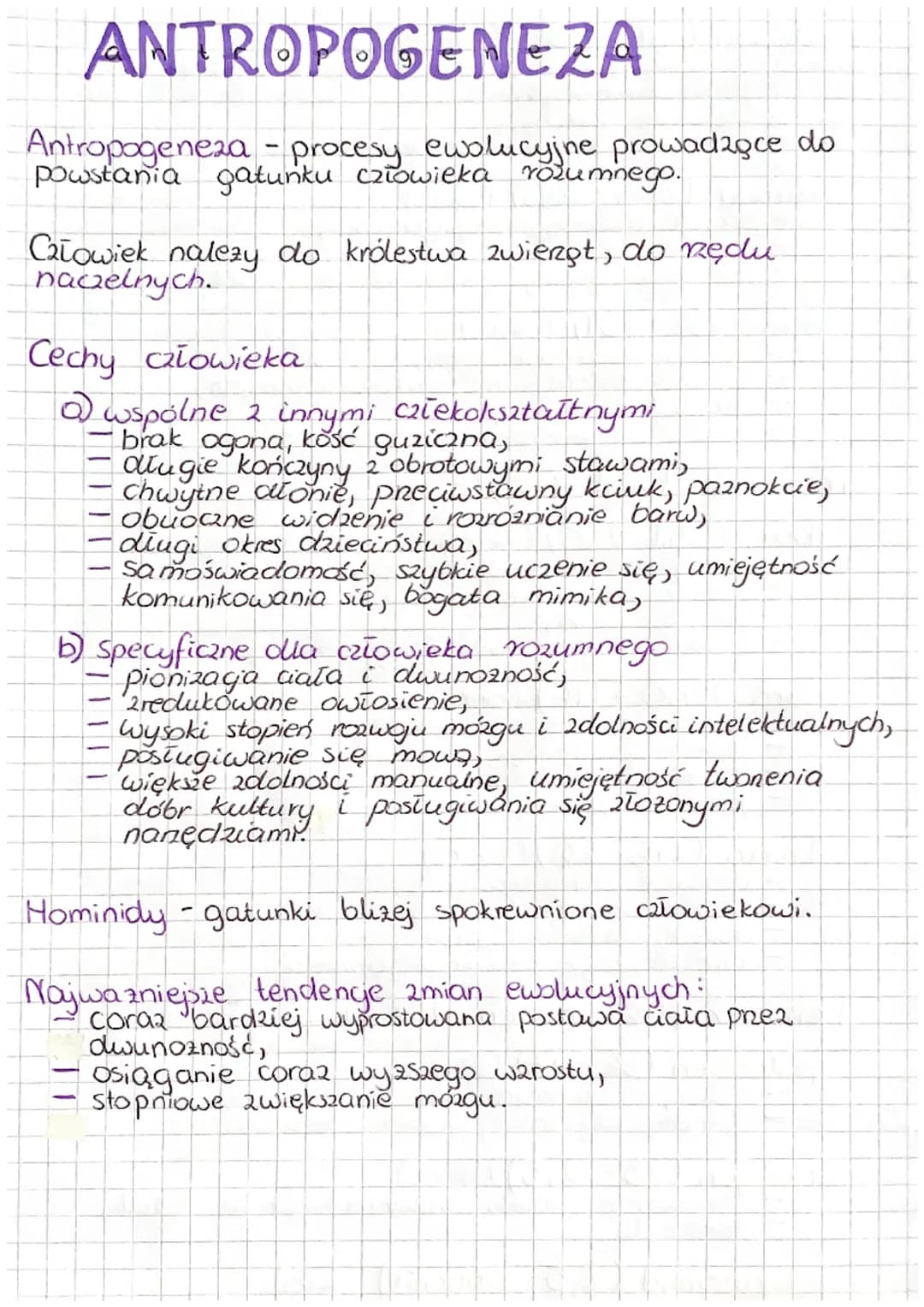 ANTROPOGENEZA
Antropogeneza - procesy ewolucyjne prowadzące do
powstania gatunku człowieka rozumnego.
Człowiek nalezy do królestwa zwierząt,