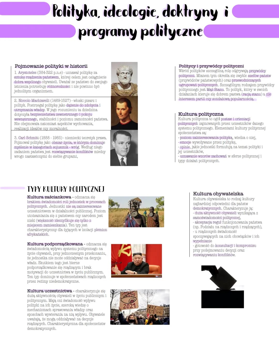 Polityka, ideologie, doktryny
programy polityczne
Pojmowanie polityki w historii
1. Arystoteles (384-322 p.n.e) - uznawał politykę za
sztukę