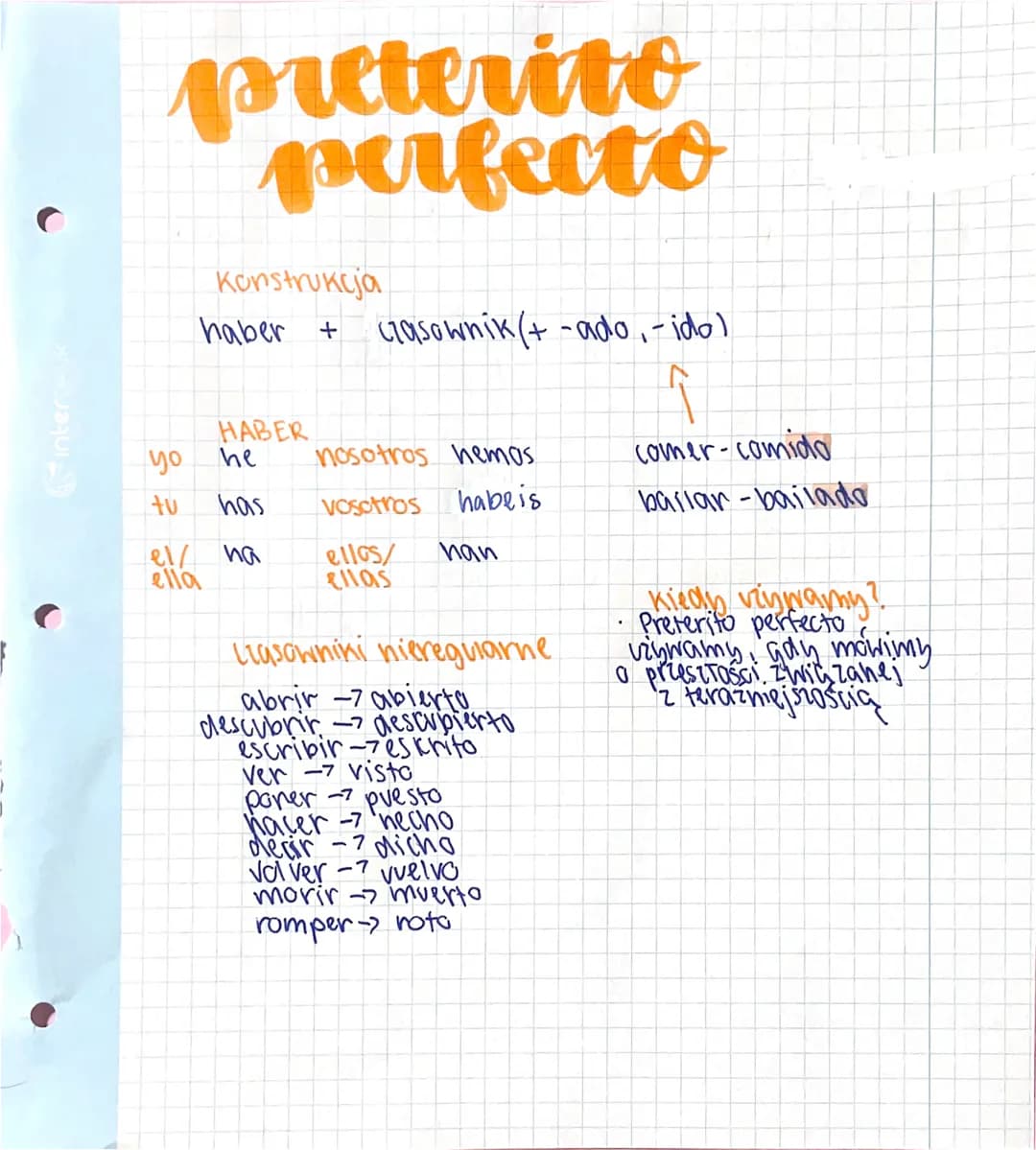 qui
preterito
perfecto
Konstrukcja
haber + Casownik (+ -ado, -ido)
HABER
he
has
el/ na
ella
yo
tu
nosotros hemos.
vosotros
habe is
ellos/
el