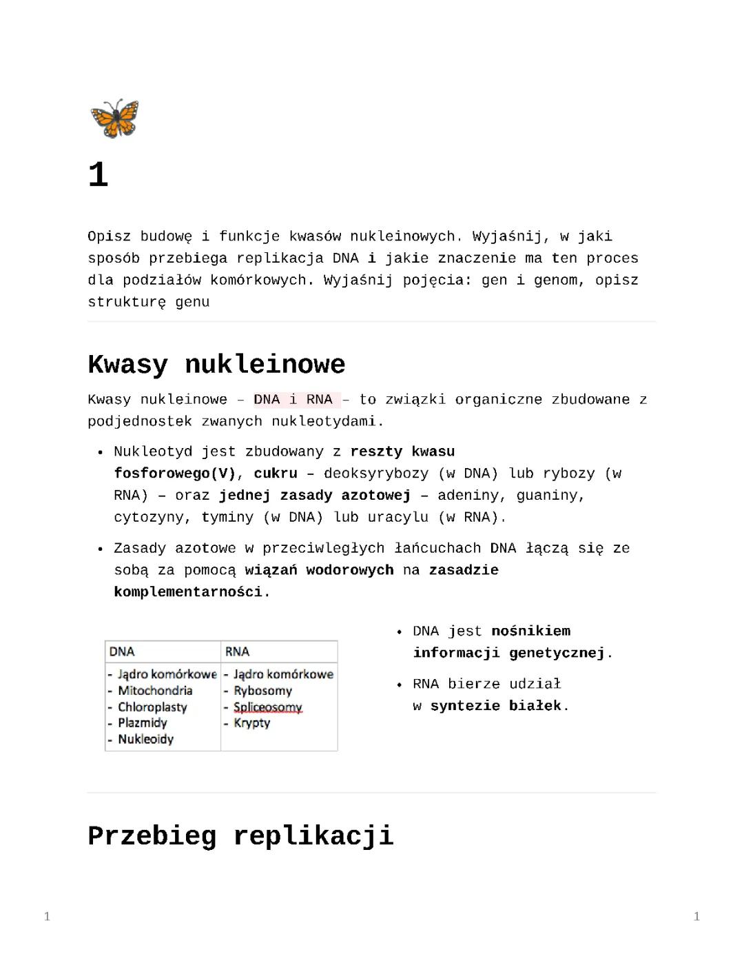 Kwasy nukleinowe, replikacja DNA, gen i genom