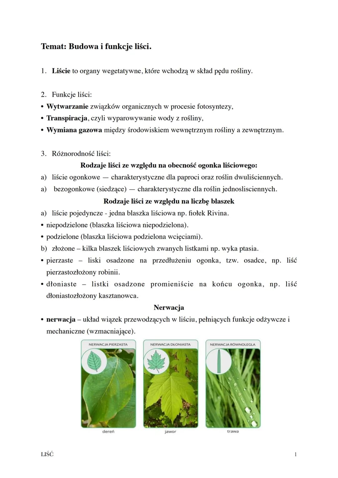 Temat: Budowa i funkcje liści.
1. Liście to organy wegetatywne, które wchodzą w skład pędu rośliny.
2. Funkcje liści:
Wytwarzanie związków o