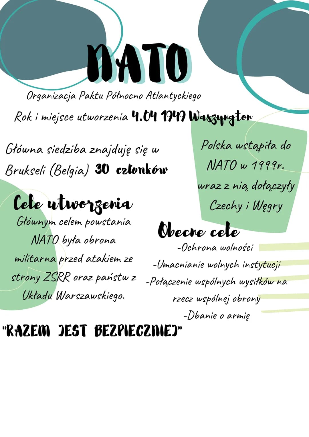 DATO
Organizacja Paktu Północno Atlantyckiego
Rok i miejsce utworzenia 4.04 1949 Waszyngton
Główna siedziba znajduję się w
Brukseli (Belgia)
