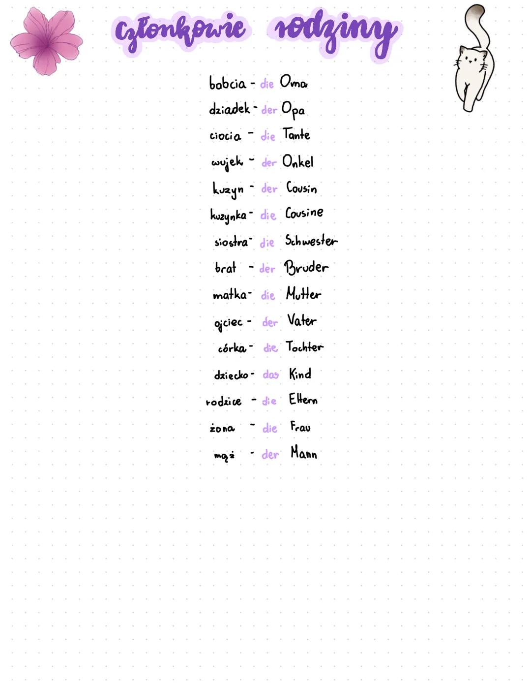 Członkowie rodziny
babcia - die Oma
dziadek - der Opa
die Tante
ciocia
wujek - der Onkel
kuzyn - der Cousin
kuzynka- die Cousine
siostra die