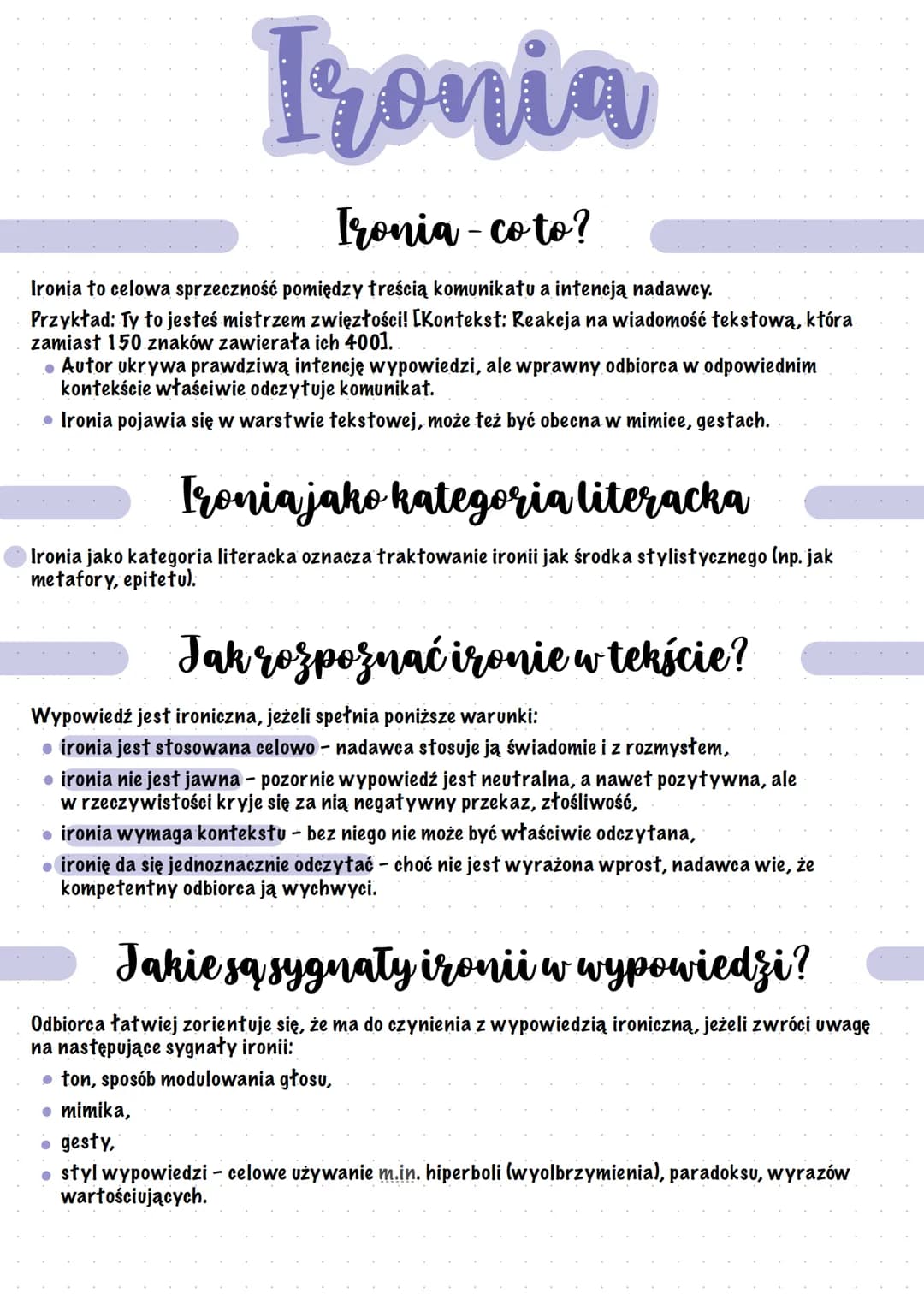 Ironia
Ironia - co to?
Ironia to celowa sprzeczność pomiędzy treścią komunikatu a intencją nadawcy.
Przykład: Ty to jesteś mistrzem zwięzłoś
