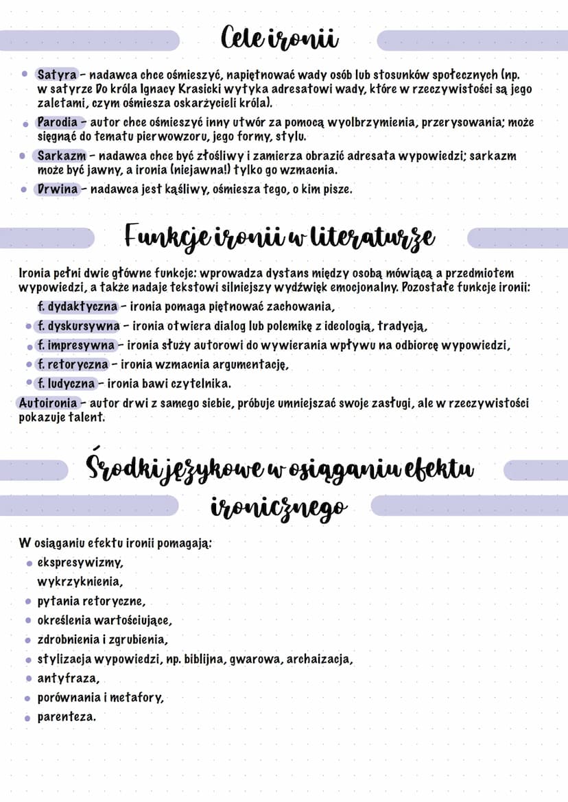 Ironia
Ironia - co to?
Ironia to celowa sprzeczność pomiędzy treścią komunikatu a intencją nadawcy.
Przykład: Ty to jesteś mistrzem zwięzłoś