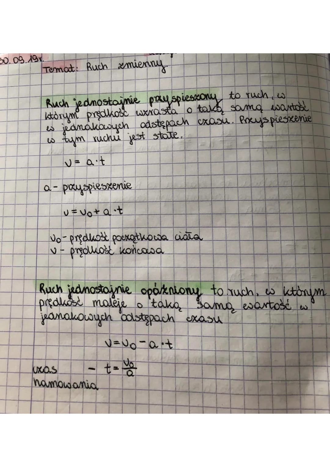 30.09.196.
Temat: Ruch zmienny
wartość
Buch jednostajnie przyspieszony to ruch, w
którym prędkość wzrasta o taką samą
w jednakowych odstępac