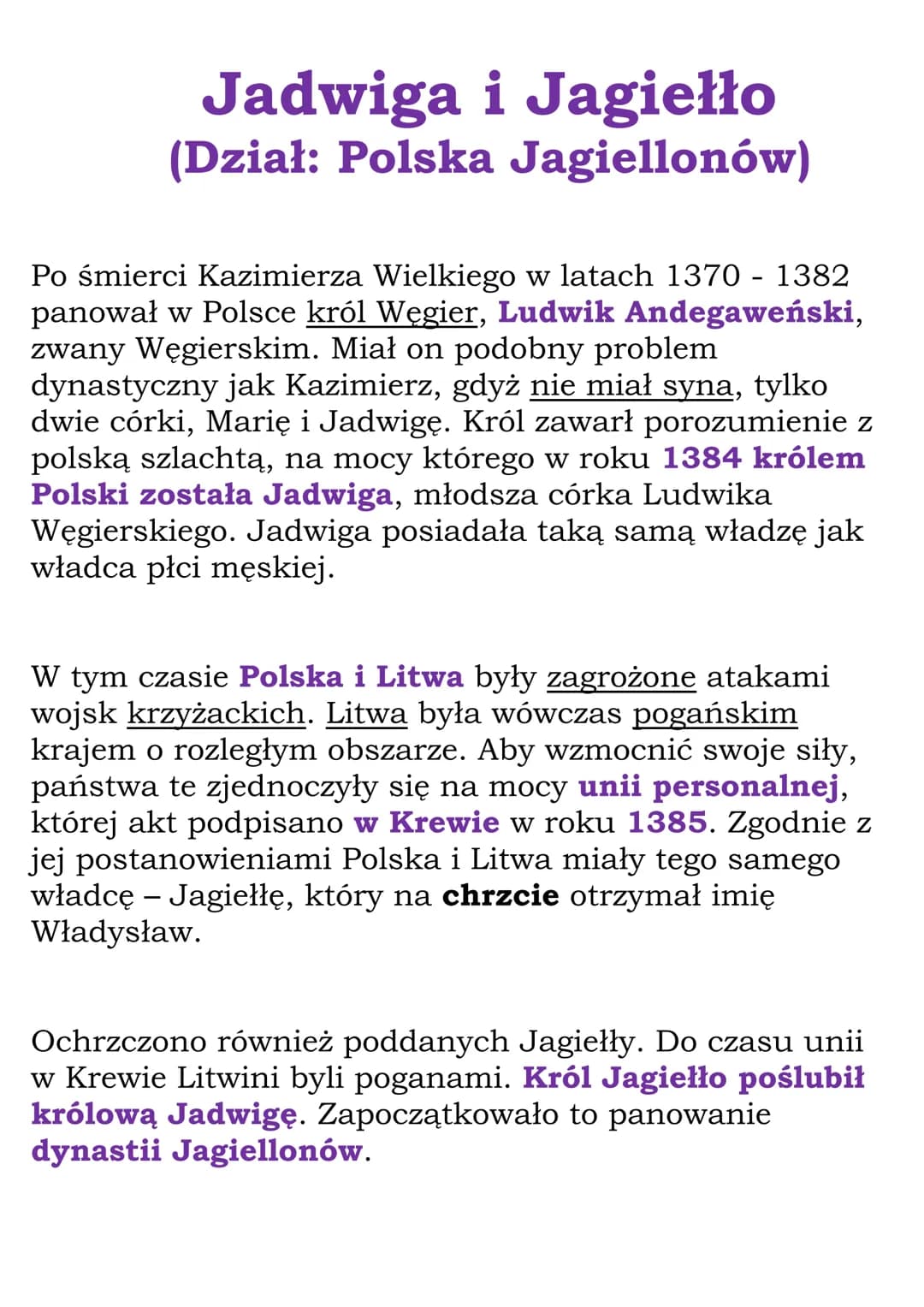 Jadwiga i Jagiełło
(Dział: Polska Jagiellonów)
Po śmierci Kazimierza Wielkiego w latach 1370 - 1382
panował w Polsce król Węgier, Ludwik And