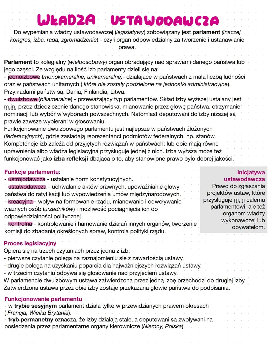 WŁADZA USTAWODAWCZA
Do wypełniania władzy ustawodawczej (legislatywy) zobowiązany jest parlament (inaczej
kongres, izba, rada, zgromadzenie)