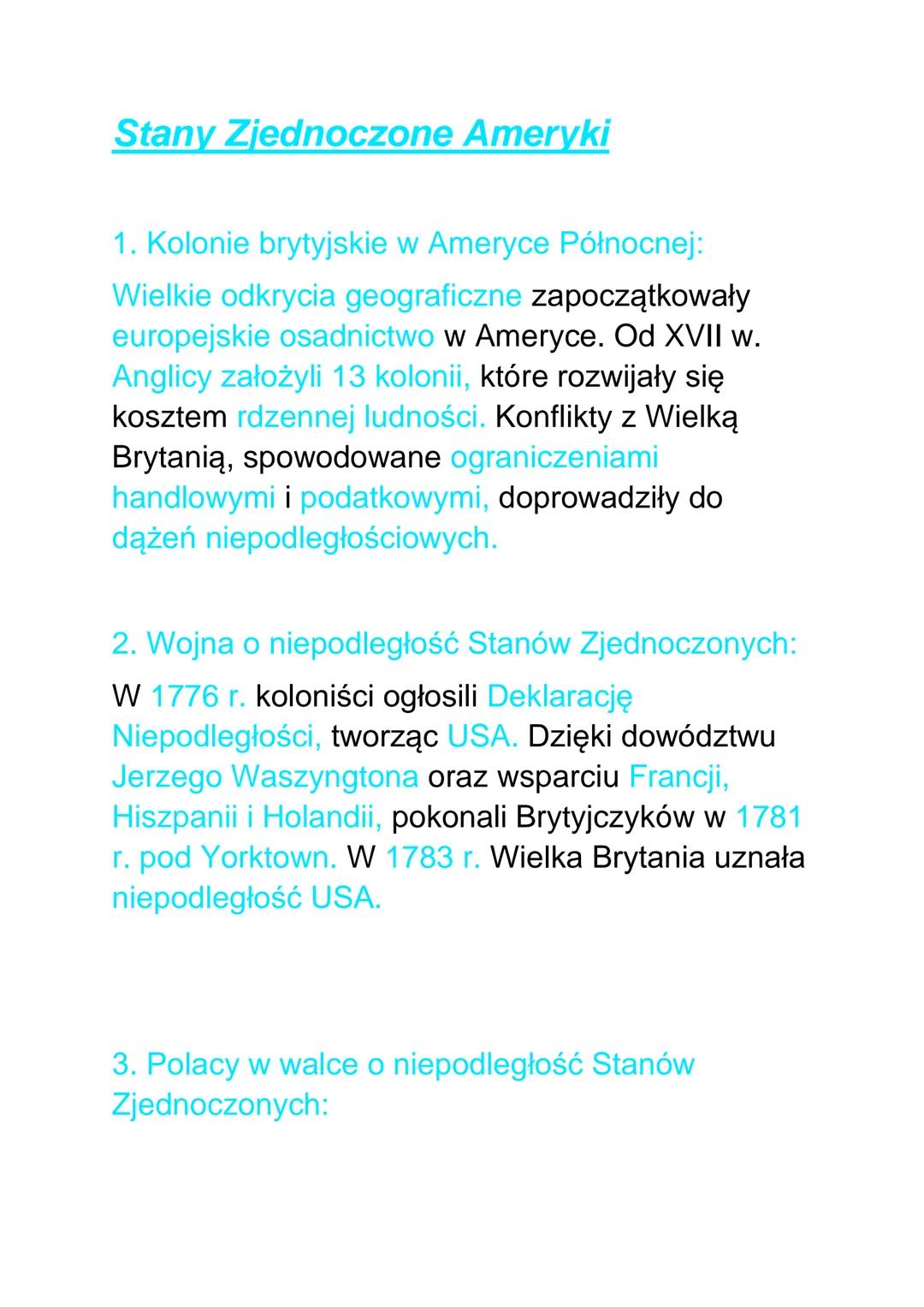 # Stany Zjednoczone Ameryki

1.  Kolonie brytyjskie w Ameryce Północnej:
Wielkie odkrycia geograficzne zapoczątkowały
europejskie osadnictwo
