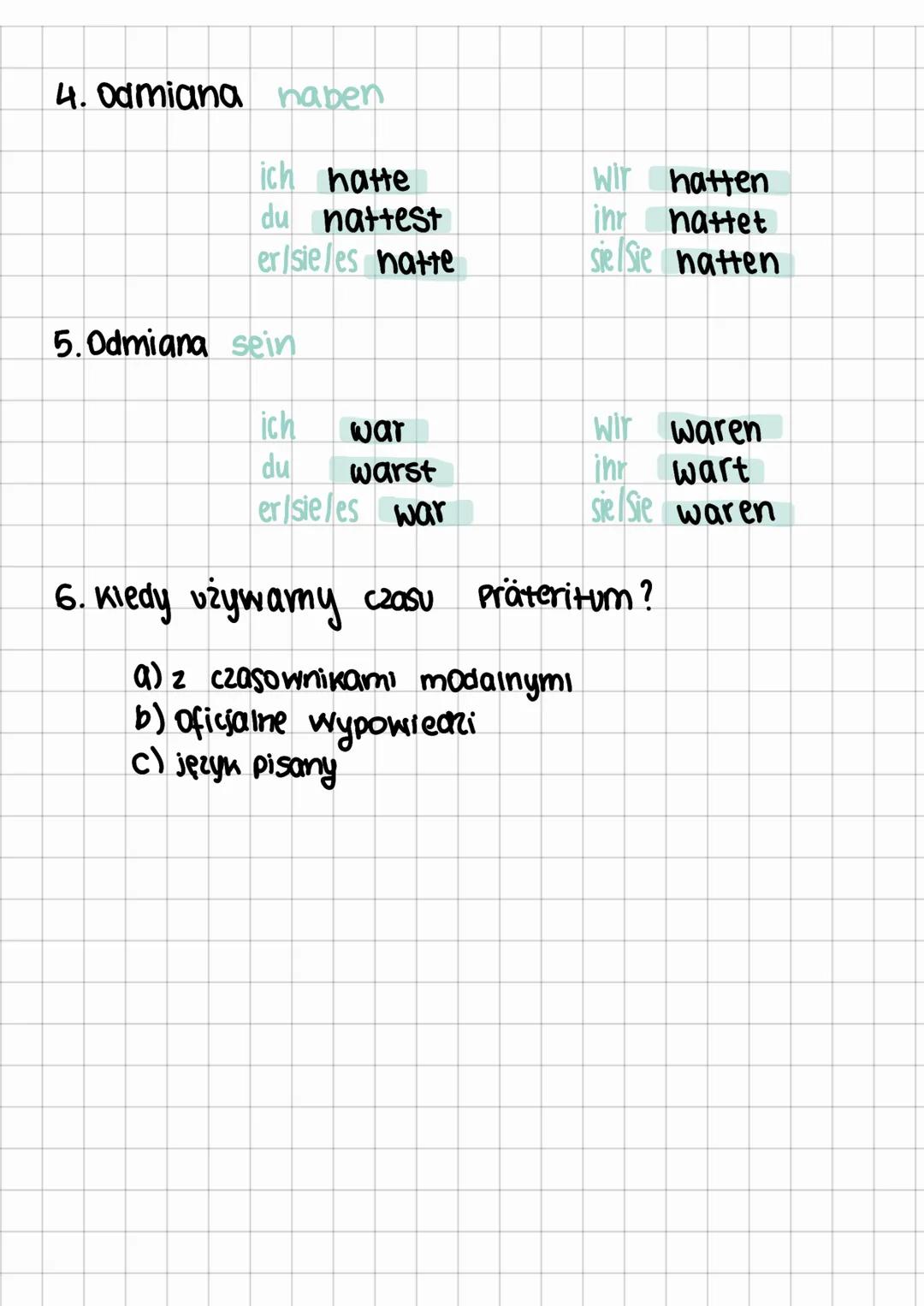 PRATERITUM
1. Tworzenie zdań (czasowniki regulame)
Wir
-ten
ihr
-tet
sie/Sie -ten
ich
du
er/sie/ es
wir
ihr
Sie/sie
lich
du
Ich machte eine 