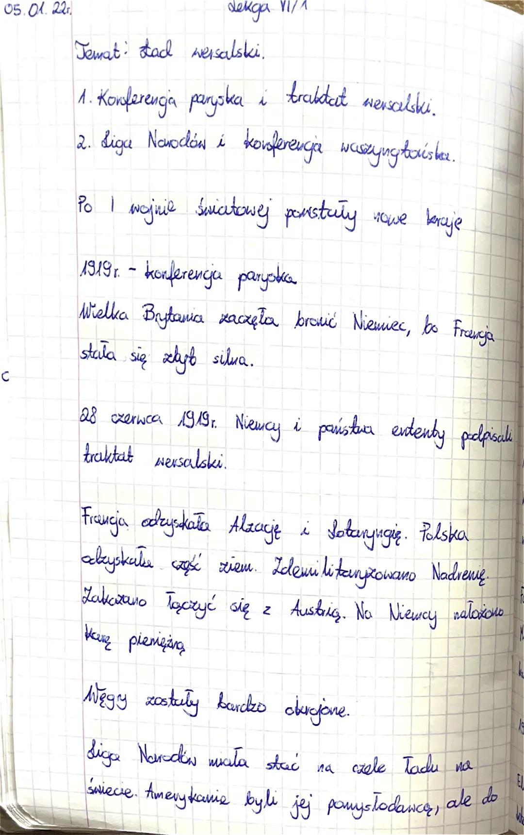 05.01. 22
с
dekga VI/1
Temat: tad wersalski.
1. Konferencia paryska i trabdat wensalski.
2. Liga Nowoców i konferencia waszyngtonishee.
Po I