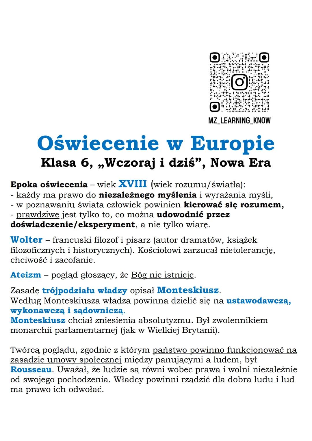 MZ_LEARNING_KNOW

# Oświecenie w Europie

## Klasa 6, „Wczoraj i dziś", Nowa Era

Epoka oświecenia - wiek XVIII (wiek rozumu/światła):

- ka
