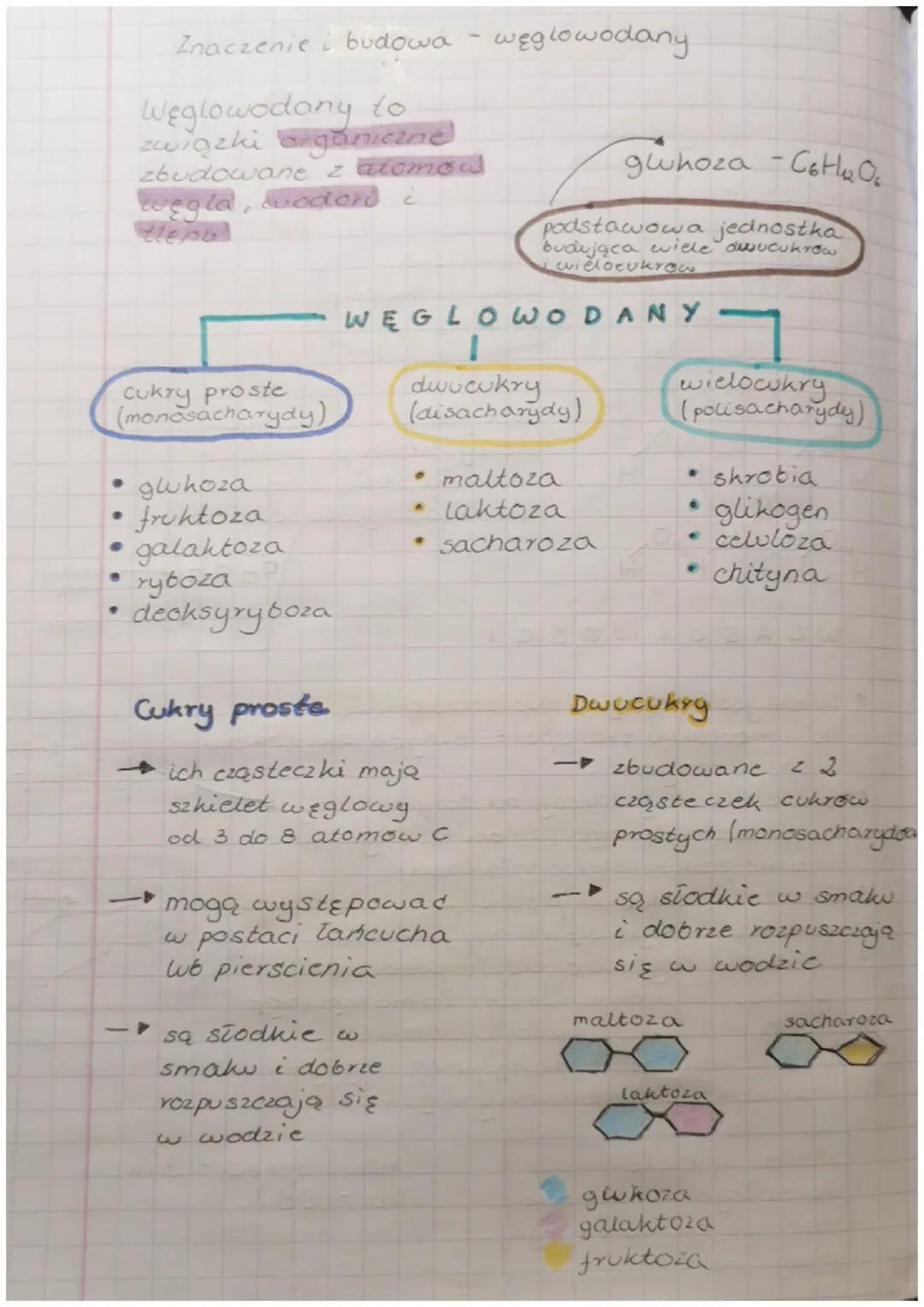 Cukry proste
(monosacharydy)
Znaczenie i budowa - weglowodany.
Węglowodany to
związki organiczne
zbudowane z atomow
wegla, wodord i
●
• gluh