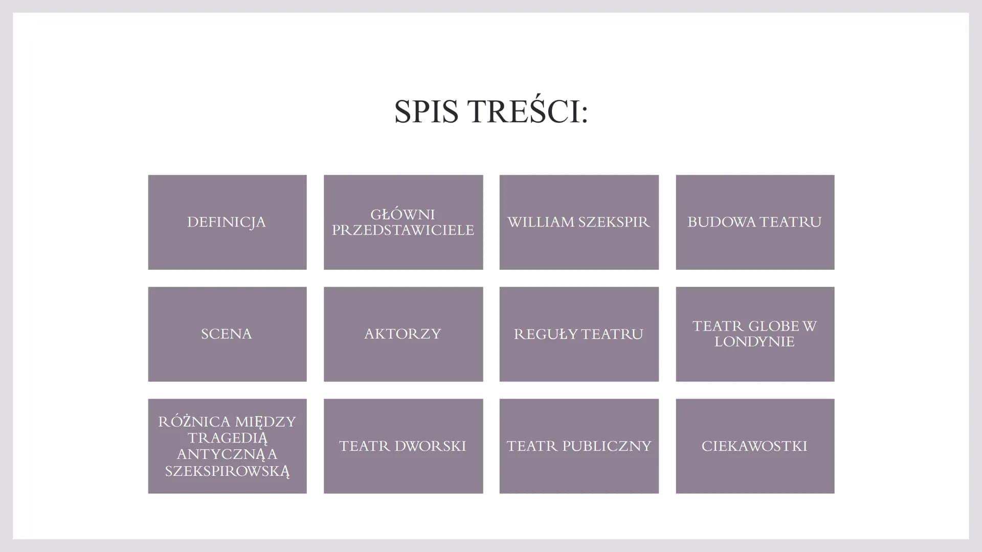 TEATR ELŻBIETAŃSKI DEFINICJA
SCENA
RÓŻNICA MIĘDZY
TRAGEDIĄ
ANTYCZNĄ A
SZEKSPIROWSKĄ
SPIS TREŚCI:
GŁÓWNI
PRZEDSTAWICIELE
AKTORZY
TEATR DWORSK