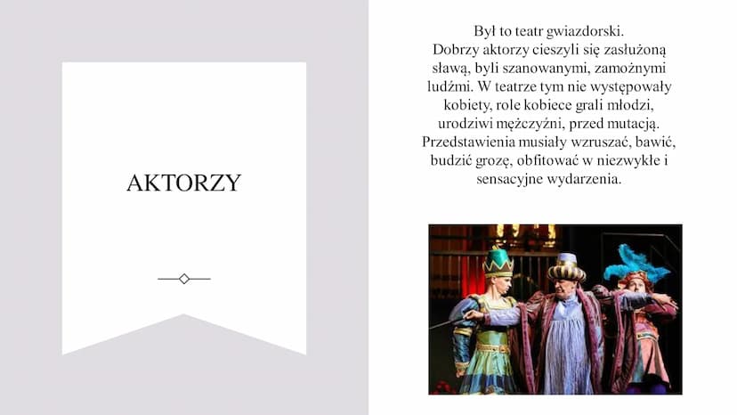 TEATR ELŻBIETAŃSKI DEFINICJA
SCENA
RÓŻNICA MIĘDZY
TRAGEDIĄ
ANTYCZNĄ A
SZEKSPIROWSKĄ
SPIS TREŚCI:
GŁÓWNI
PRZEDSTAWICIELE
AKTORZY
TEATR DWORSK