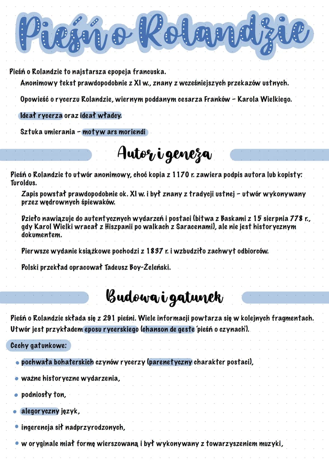 Pieśń o Rolandzie
Pieśń o Rolandzie to najstarsza epopeja francuska.
Anonimowy tekst prawdopodobnie z XI w., znany z wcześniejszych przekazó