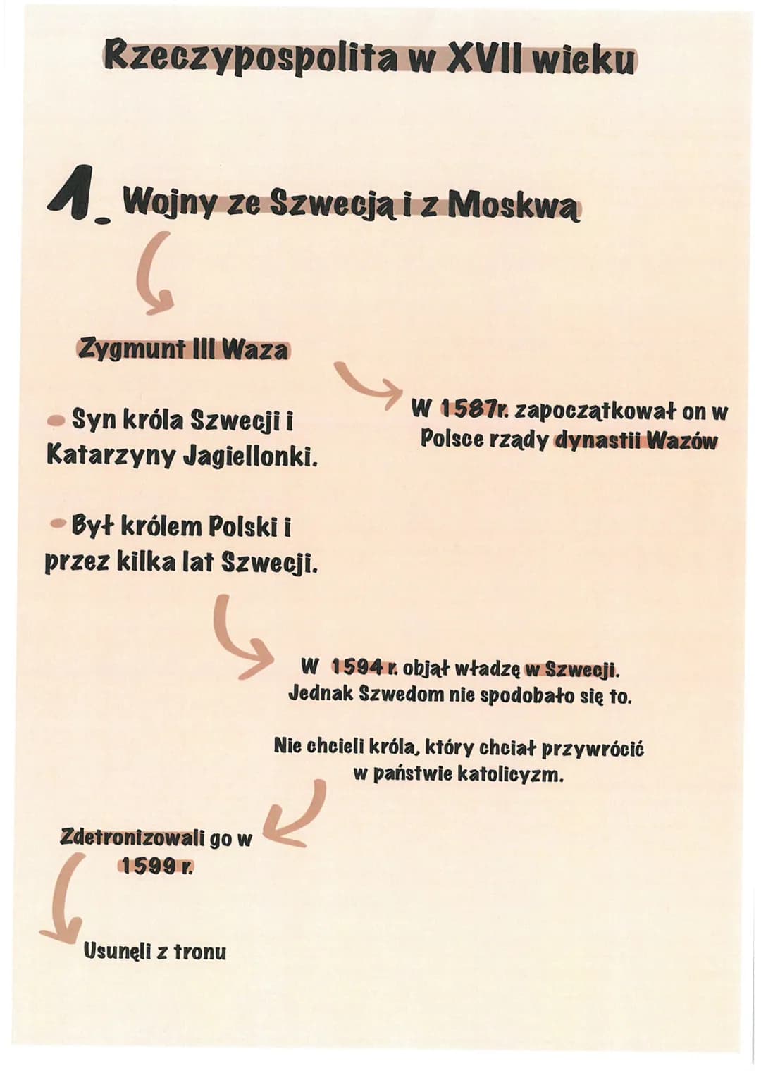 Rzeczypospolita w XVII wieku
1. Wojny ze Szwecją i z Moskwą
6
Zygmunt III Waza
- Synkróla Szwecji i
Katarzyny Jagiellonki.
- Był królem Pols