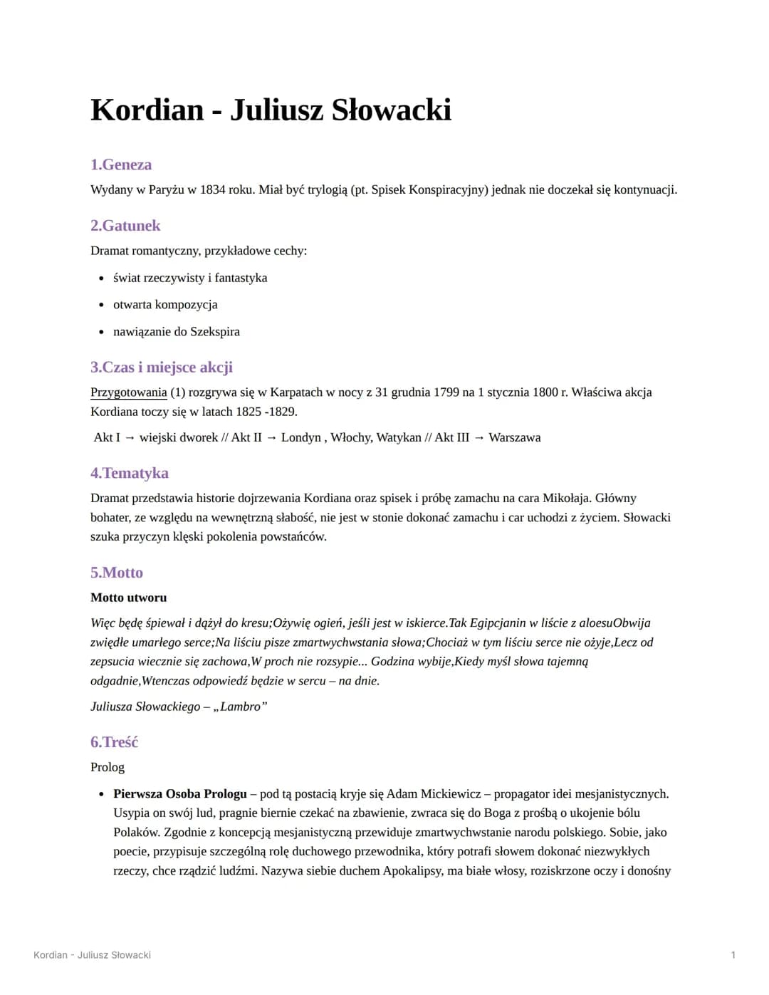 Kordian Juliusz Słowacki streszczenie i opracowanie