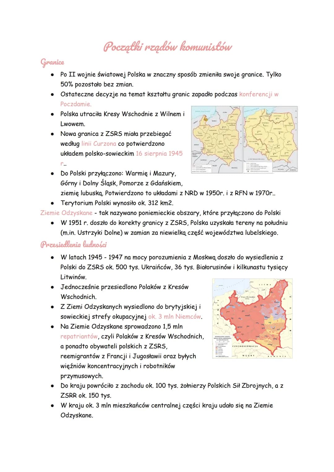 Początki rządów komunistów
Po II wojnie światowej Polska w znaczny sposób zmieniła swoje granice. Tylko
50% pozostało bez zmian.
Ostateczne 