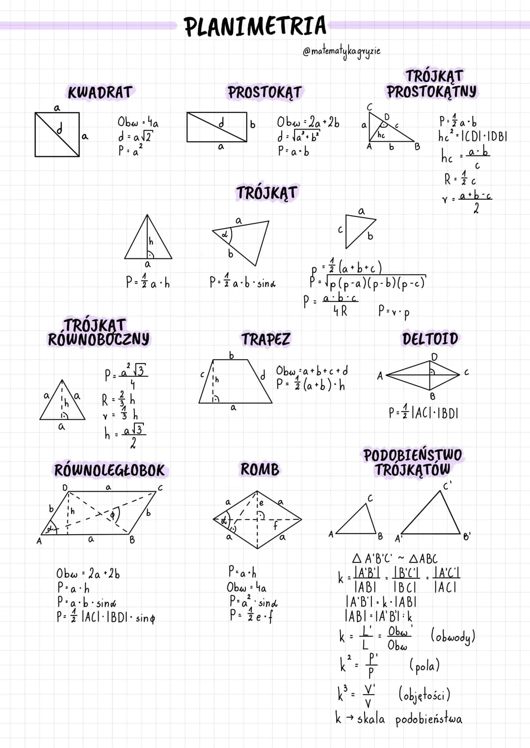A
b
a
KWADRAT
a
TRÓJKAT
ROWNOBOCZNY
D
Obw = 4a
d = a√2
P=a²
a
a
P = 1/2 a.h
P=²2²√√3
a
4
R = = 1 h
v = 3 h
h = a√3
2
RÓWNOLEGLOBOK
a
w/36/2

