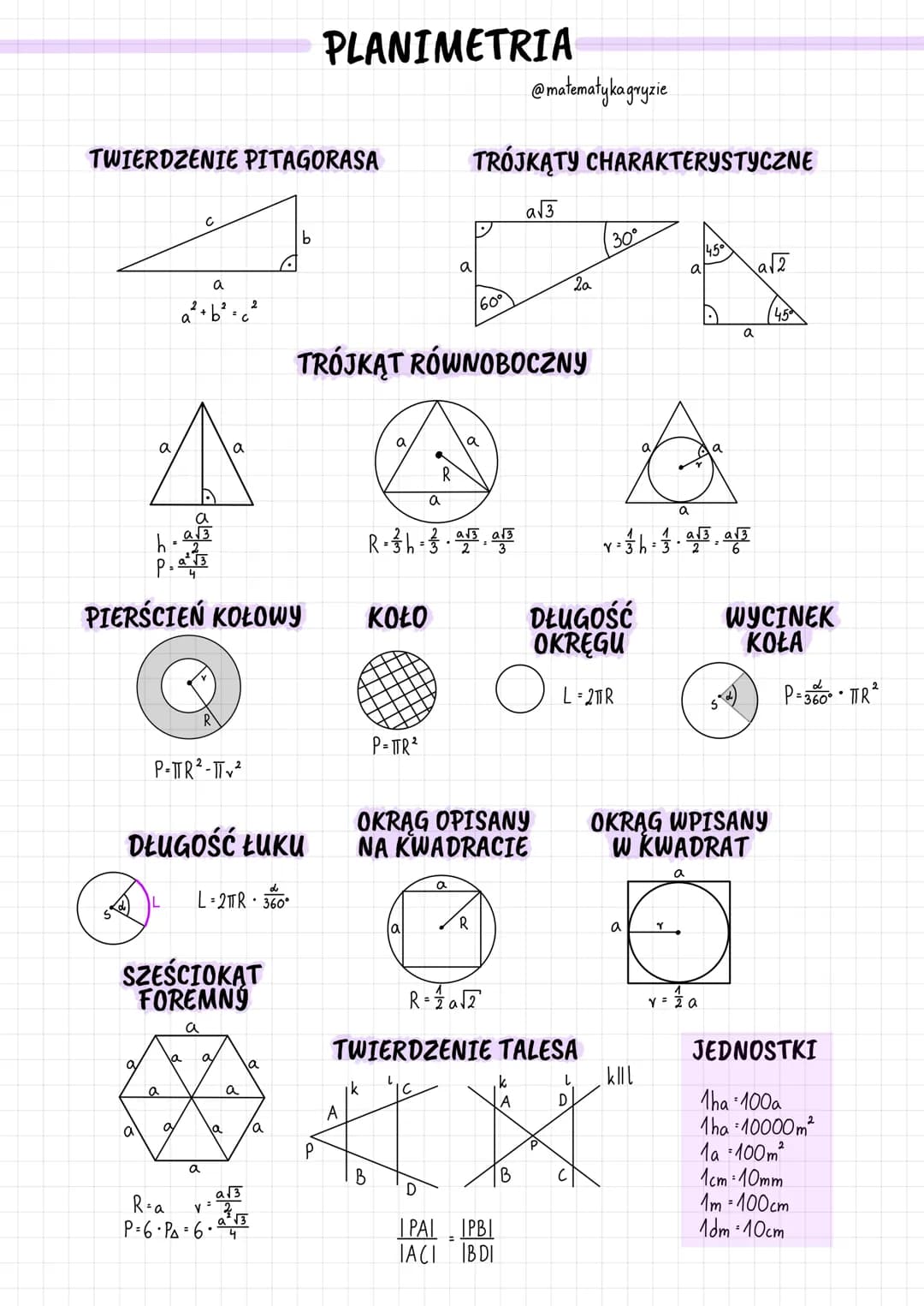 A
b
a
KWADRAT
a
TRÓJKAT
ROWNOBOCZNY
D
Obw = 4a
d = a√2
P=a²
a
a
P = 1/2 a.h
P=²2²√√3
a
4
R = = 1 h
v = 3 h
h = a√3
2
RÓWNOLEGLOBOK
a
w/36/2
