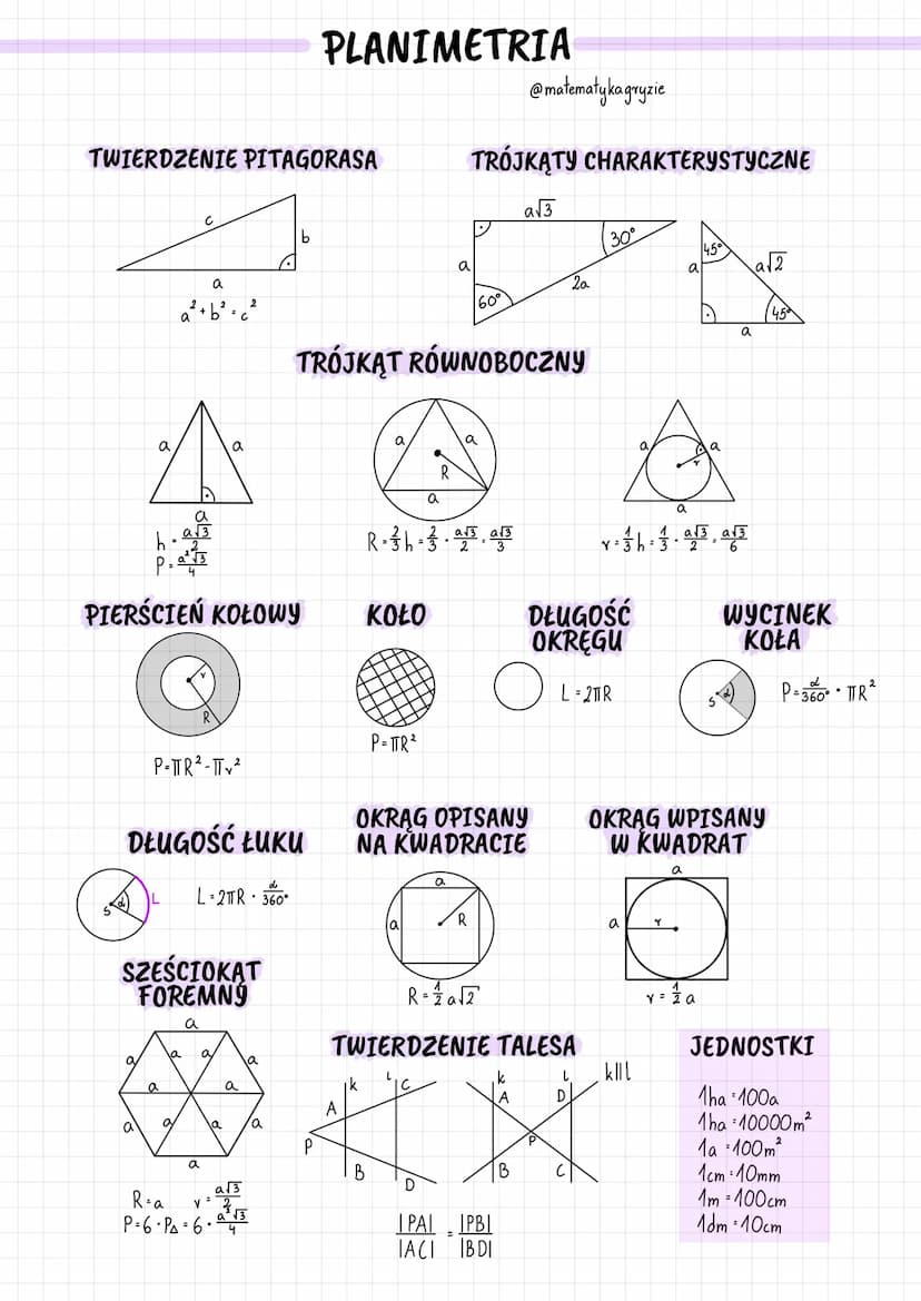 A
b
a
KWADRAT
a
TRÓJKAT
ROWNOBOCZNY
D
Obw = 4a
d = a√2
P=a²
a
a
P = 1/2 a.h
P=²2²√√3
a
4
R = = 1 h
v = 3 h
h = a√3
2
RÓWNOLEGLOBOK
a
w/36/2
