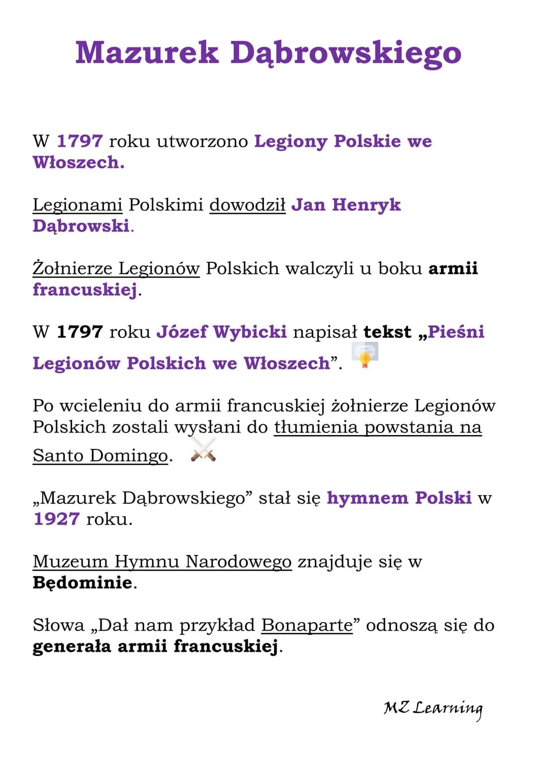 Mazurek Dąbrowskiego
W 1797 roku utworzono Legiony Polskie we
Włoszech.
Legionami Polskimi dowodził Jan Henryk
Dąbrowski.
Żołnierze Legionów