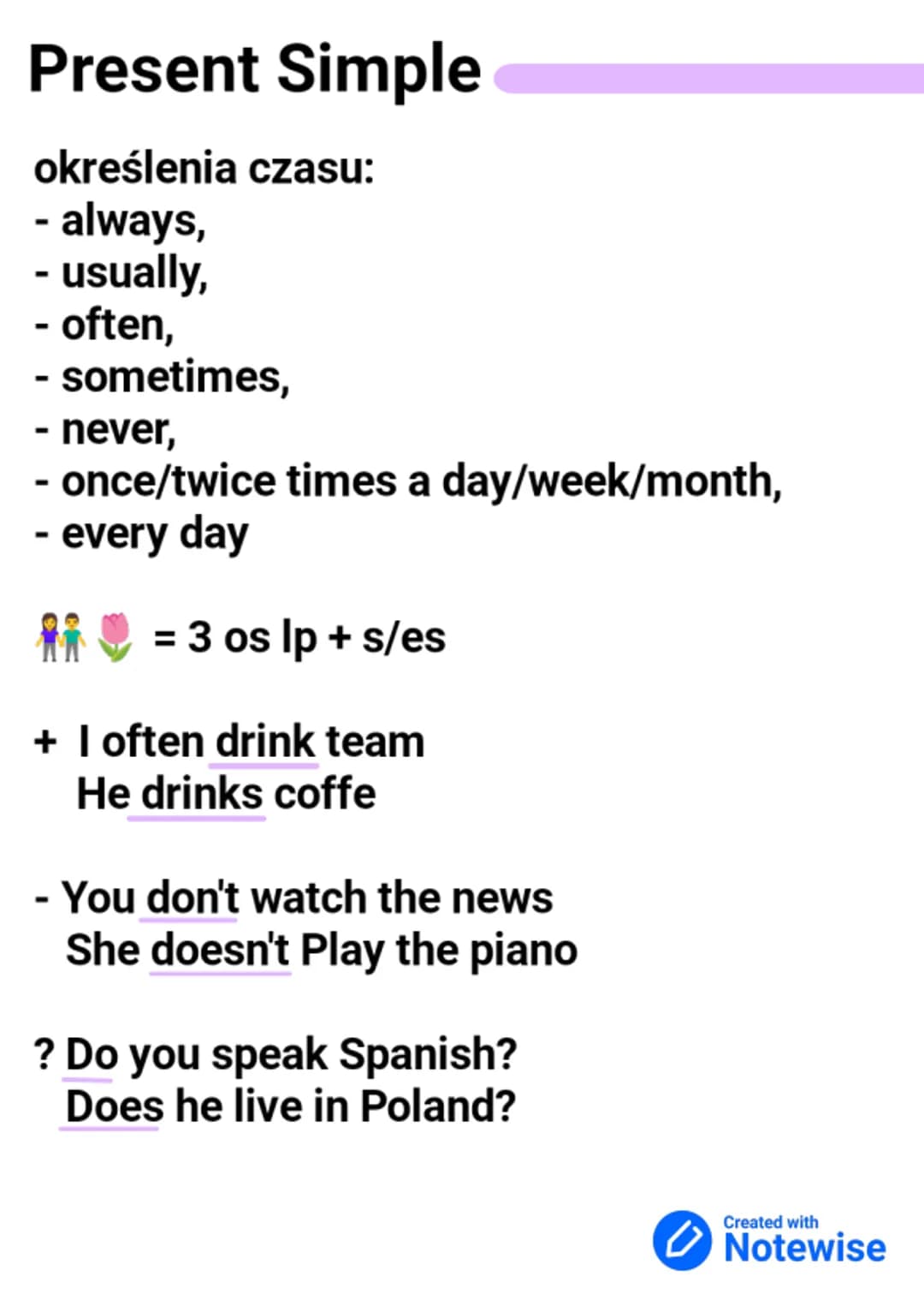 Present Simple
określenia czasu:
- always,
- usually,
- often,
- sometimes,
- never,
once/twice times a day/week/month,
- every day
= 3 os l